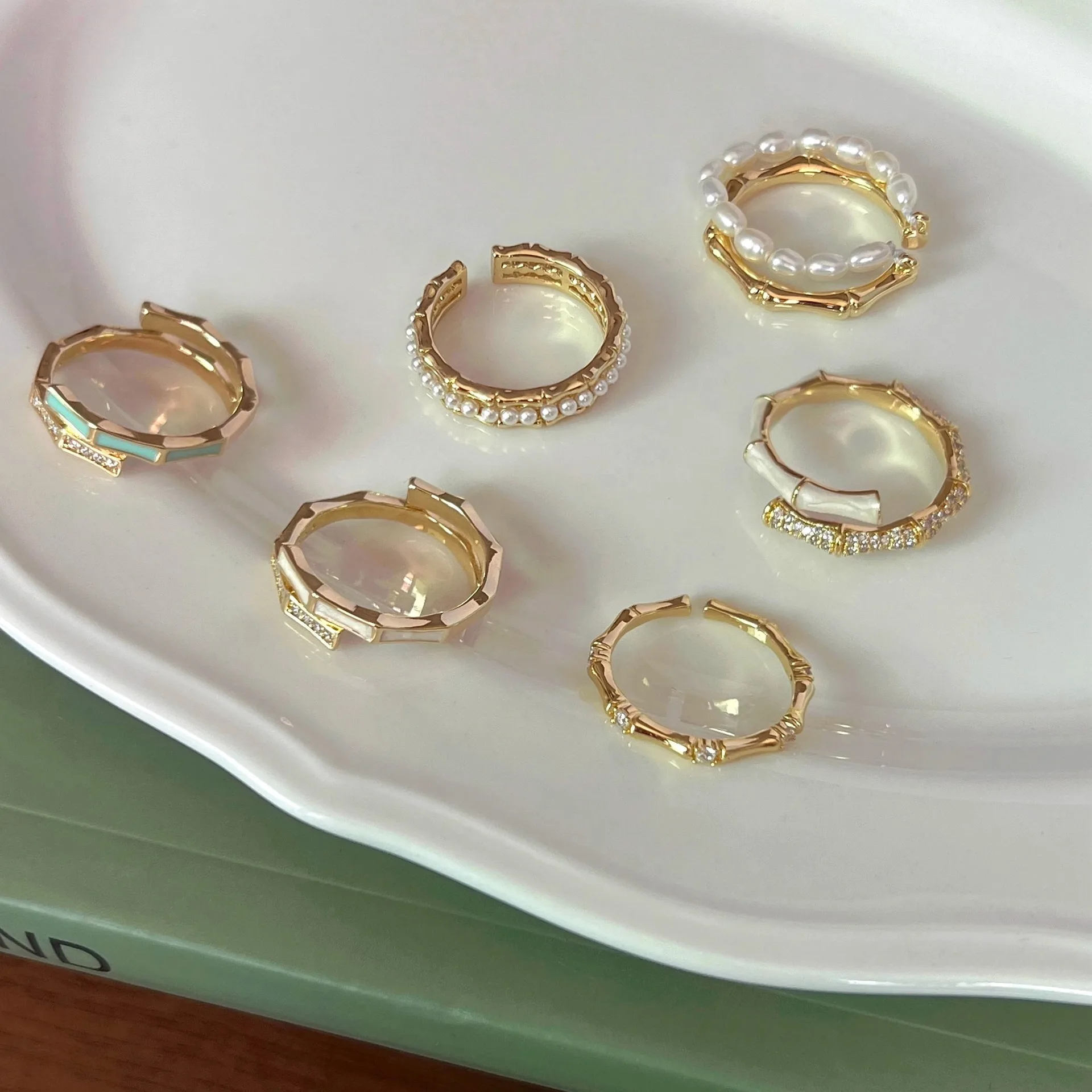 

Bamboo ring women's niche unique foreign style enamel pearl decorative ring