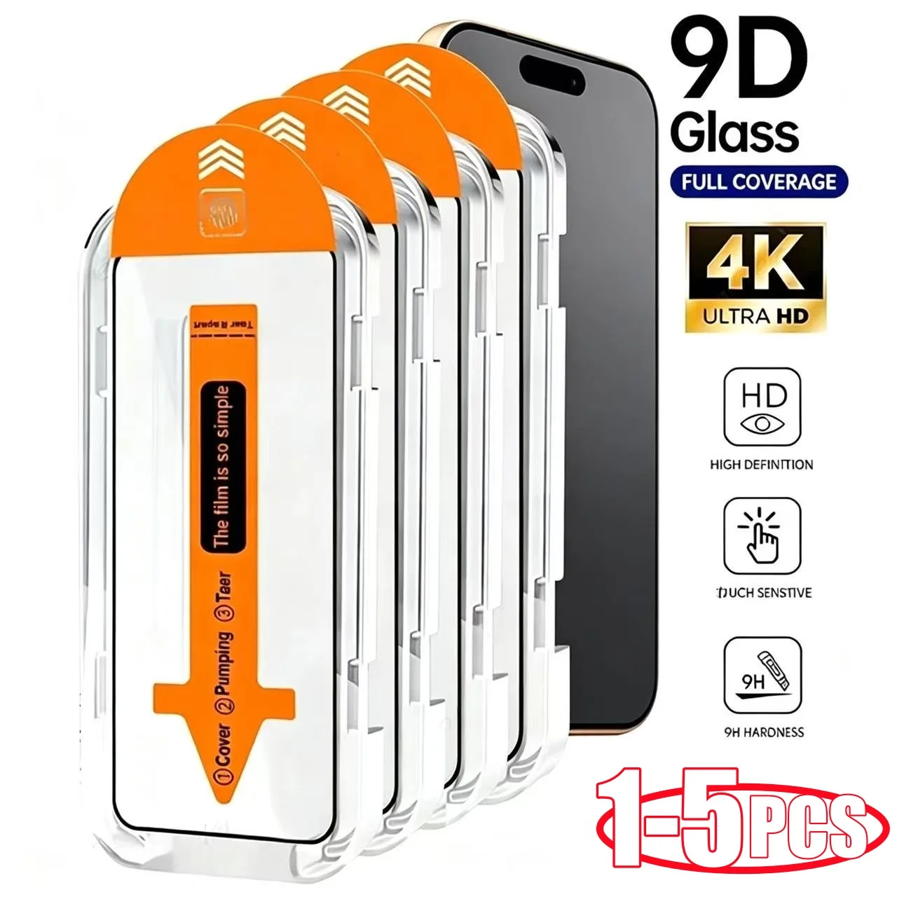 Protector de pantalla de vidrio templado para iPhone 16, 15, 14, 11, 13 pro, 15, 17 Pro Max, 12 Mini, XS, X, XR, fácil instalación, sin polvo, 1-5 unidades