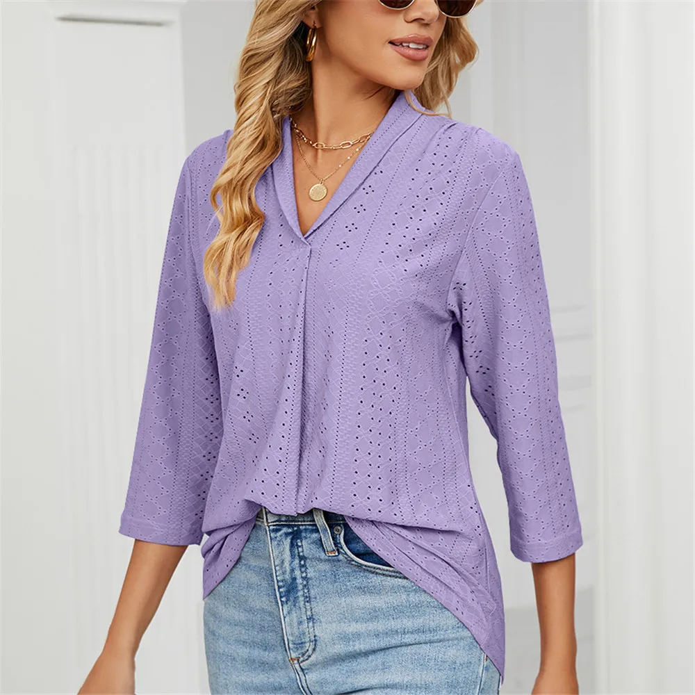 Fashion Woman Blouse Shirts For Women Clothes Half Sleeve V Neck Female Tops White Green Purple Women\'s Autumn Clothing