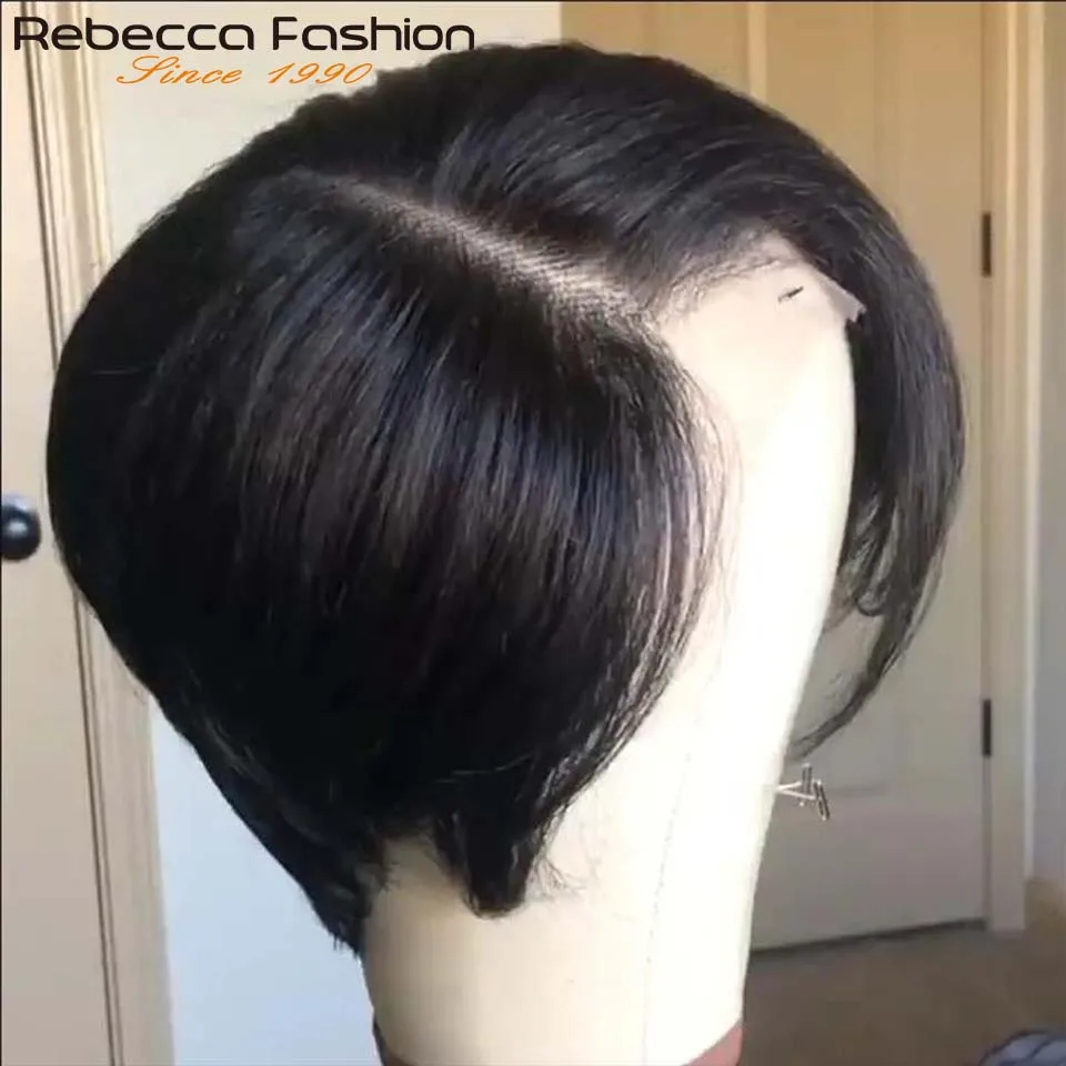 Short Cut Pixie Straight Bob T Part Lace Wig Remy Human Hair With Bangs For Women Pre Plucked Glueless Natural Color