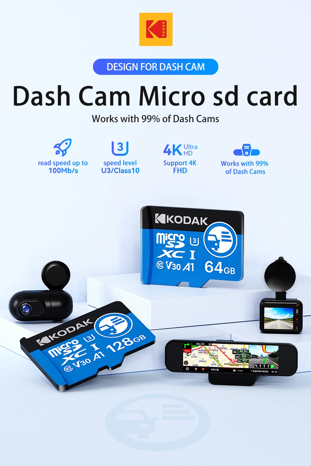 Kodak High Endurance Micro SD Card for Dash Cam FAT32 Memory Card 128/256GB 100MB/s Smooth 4K & Loop Recording Microsd Cards