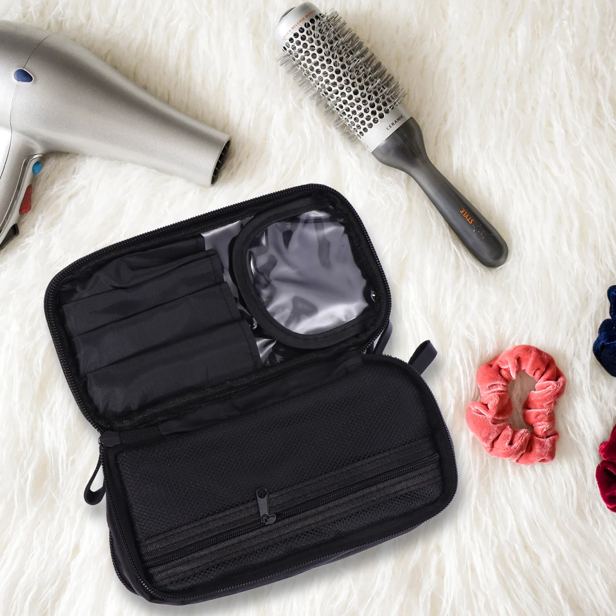 حقيبة مكياج للسفر ومستحضرات التجميل وحقيبة تخزين كبيرة وسحاب أسود للتخزين في الحمام وغرفة النوم وعملية