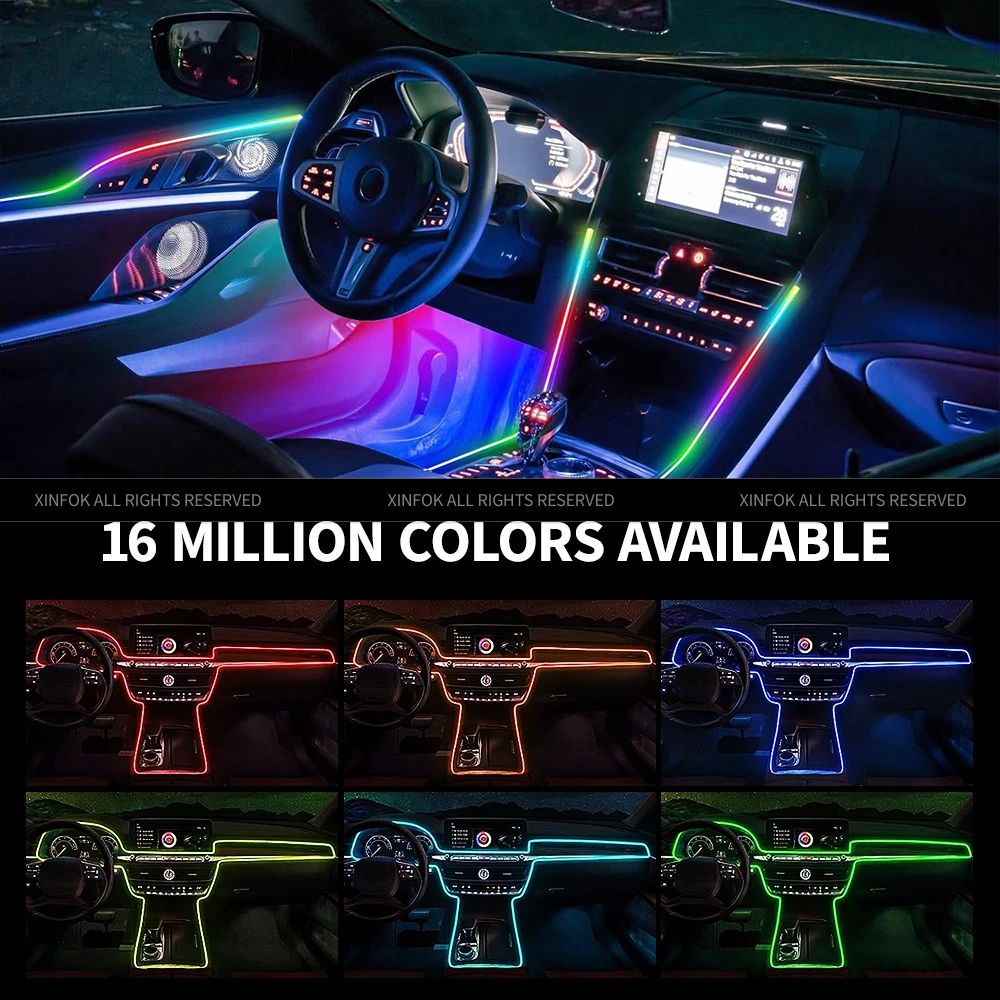 Interior Car LED Strip Lights with Wireless APP and Remote Control RGB 5 in 1 Ambient Lighting Kits with 236 inches Fiber Optic