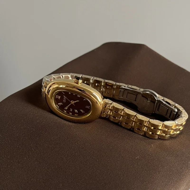 جديد فاخر المرأة الصغيرة الهاتفي سوار ذهب ساعة خمر الوجه الأحمر الكوارتز الفولاذ المقاوم للصدأ حزام ساعات المعصم هدايا السيدات #3