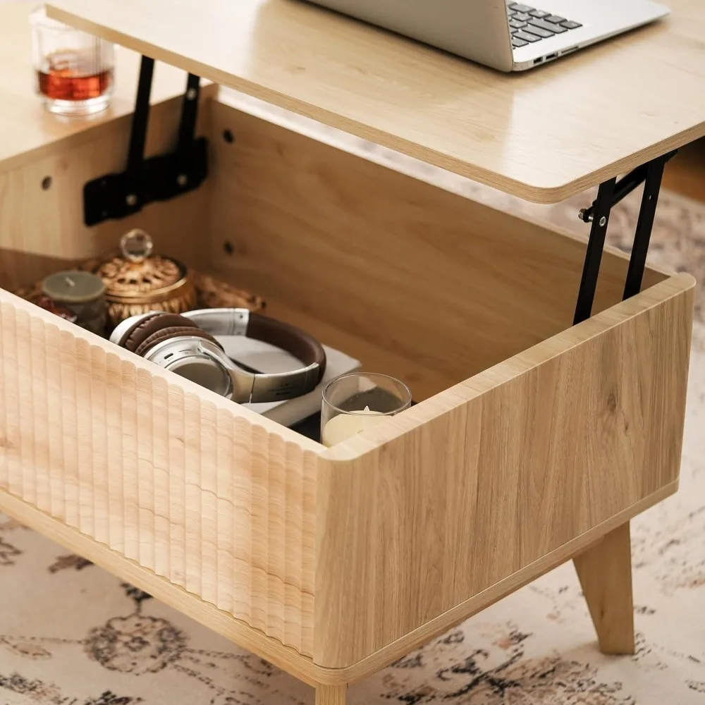 Mesa de centro elevatória canelada com compartimento oculto, mesa central moderna para sala de estar, escritório doméstico, natural