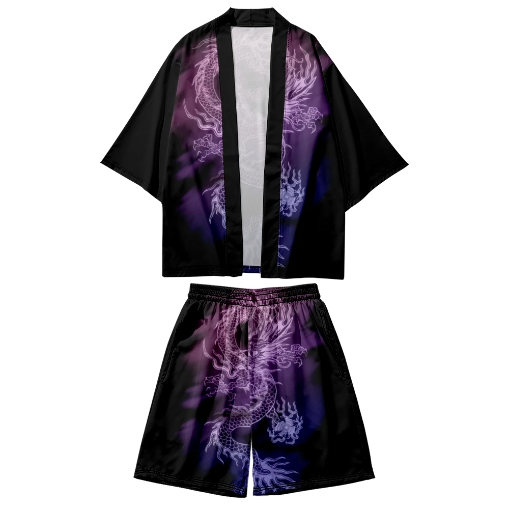 Two-piece Suit Japanese Cardigan Men Cosplay Japanese Dragon Print Yukata Black Kimono Shorts Sets Patchwork Asian Traditional