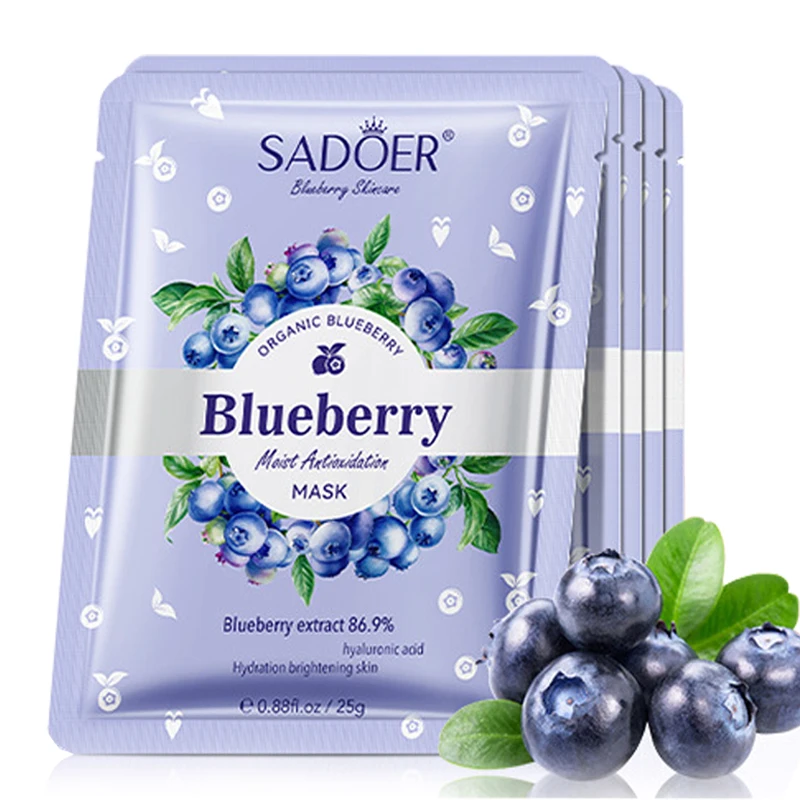

SADOER Blueberry Hyaluronic Acid Face Mask Moisturizing Brightening Firming Hydrating Facial Masks Face Skin Care 5pcs