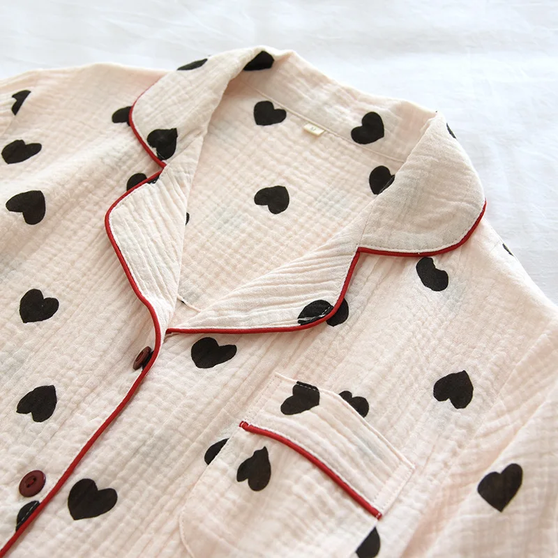 Small Fresh Summer Thin Short-sleeved Shorts 2PCS Women's Crepe Pure Cotton Pajamas Love Lapel Gauze Cotton Loungewear
