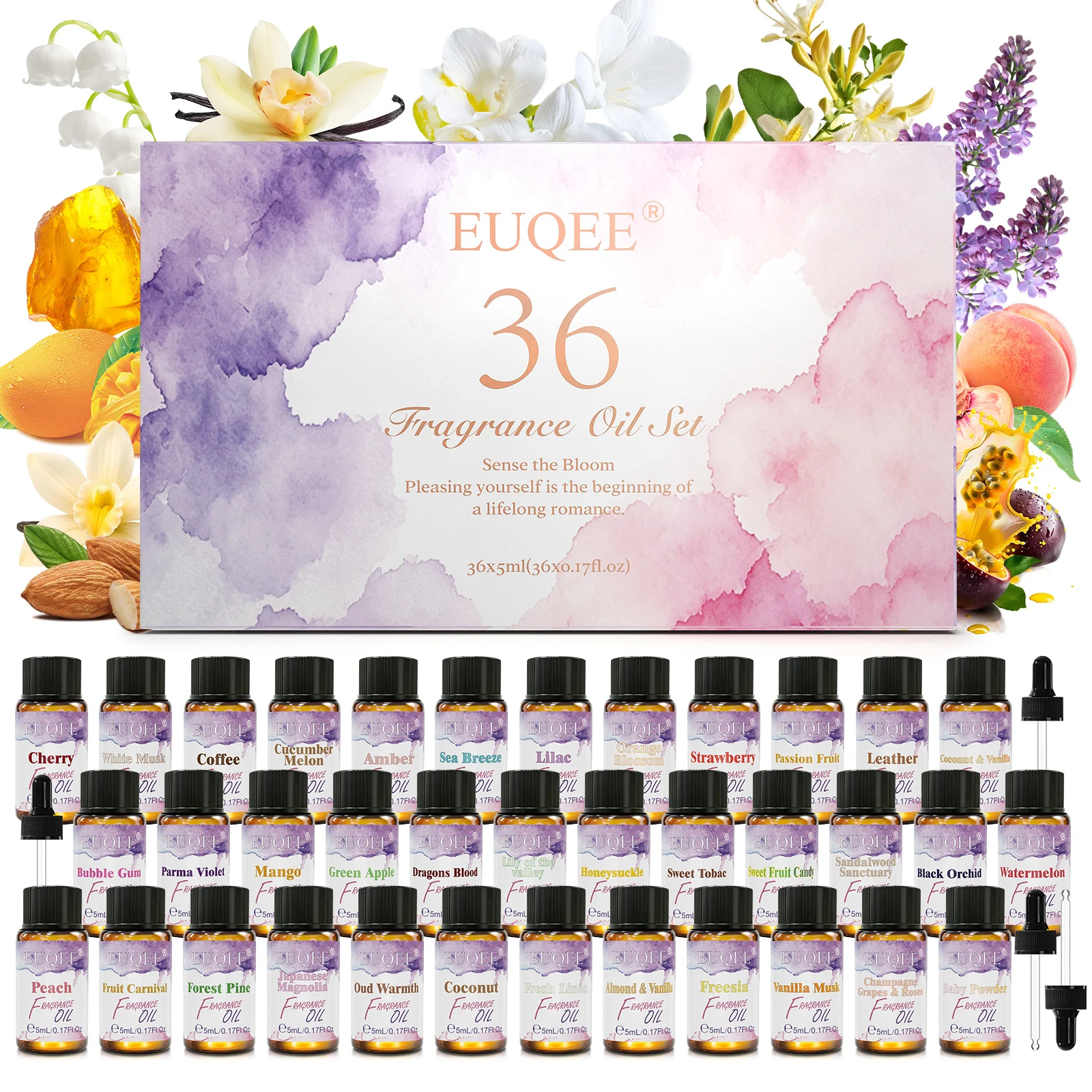 Coffret cadeau EUQEE de 36 huiles parfumées pour la fabrication de bougies et diffuseurs, senteurs fraise, cerise, noix de coco, café, cuir, 5 ml.