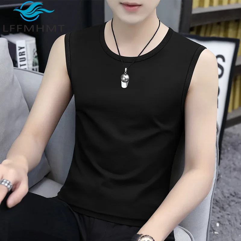 Ice Silk Cool Touch Feeling Men's O-neck Vest Summer Fashion Solid Color Simple Soft Comfortable Slim Fit Outdoor Sleeveless Top