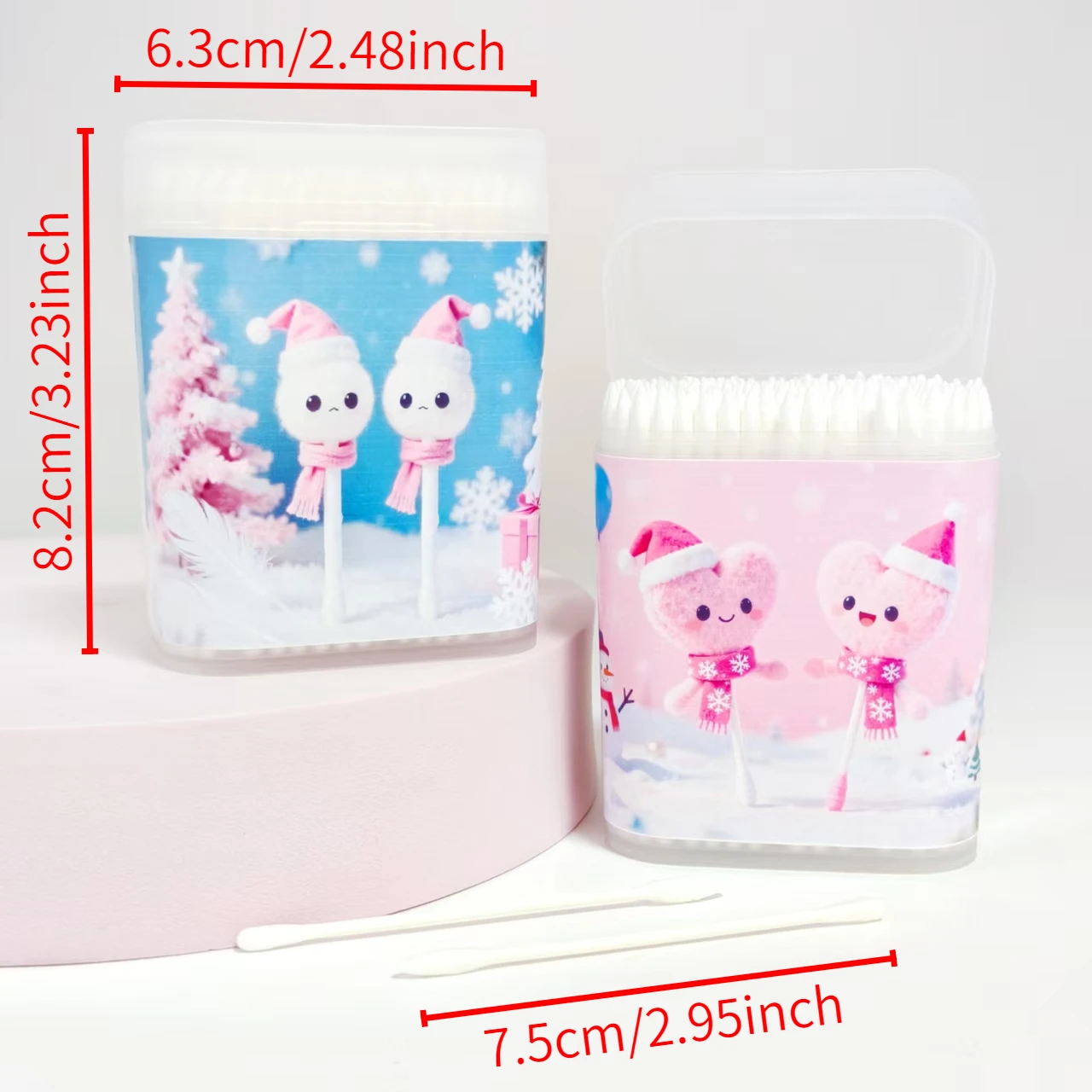 200 Stück/400 Stück rosa Wattestäbchen mit Weihnachtsmotiv, weißes Liebesmuster, Scheuerbox, doppeltes Wattestäbchen