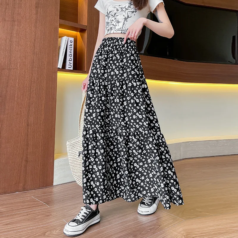

Black Floral Print Midi Skirt Women Spring Summer A Line Pleated Skirt Elastic Waist Daisy Long Skirt