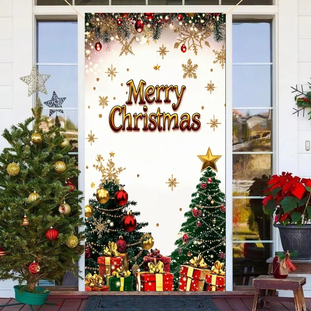 Festive Red And Green Christmas Door Cover Banner Merry Christmas Banner With Glittery Christmas Tree Elk Snowflakes