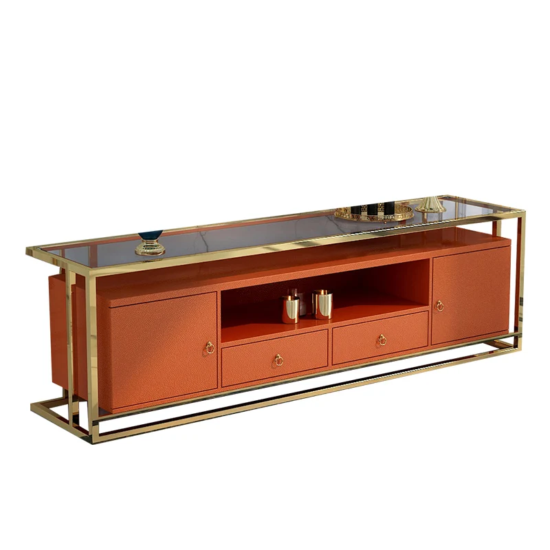 Light luxury minimalist glass TV cabinet orange modern simple floor standing cabinet stainless steel