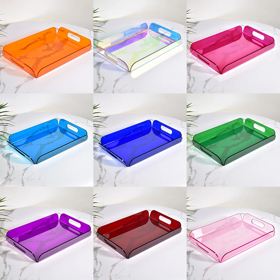 

Акриловый сервировочный поднос с ручкой, красочный декоративный поднос для кофейного столика, туалетного столика, косметики, отеля, кухни, хранения еды и напитков