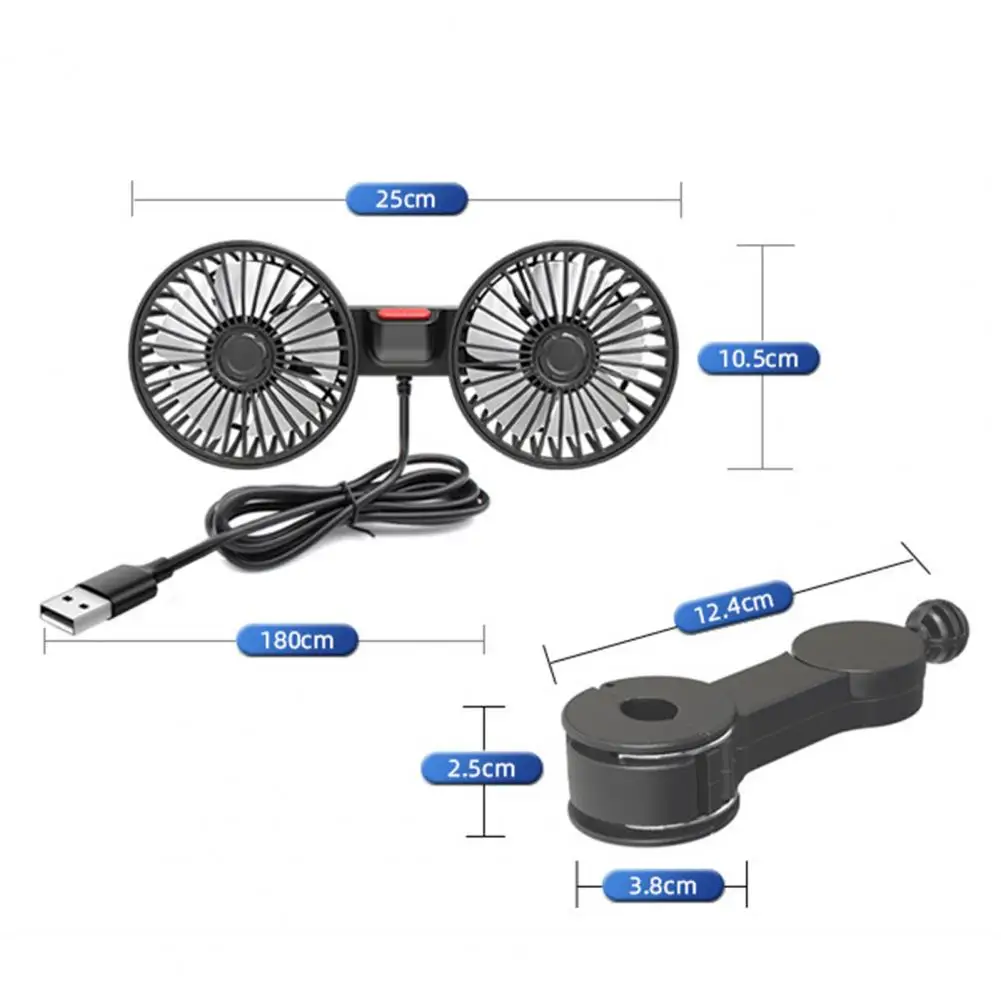 New Car Fan 360 Degree Rotatable Double Head 5 Blades 3 Speeds Strong Wind Cooling USB Charging Rear Seat Passenger Car Seat Fan