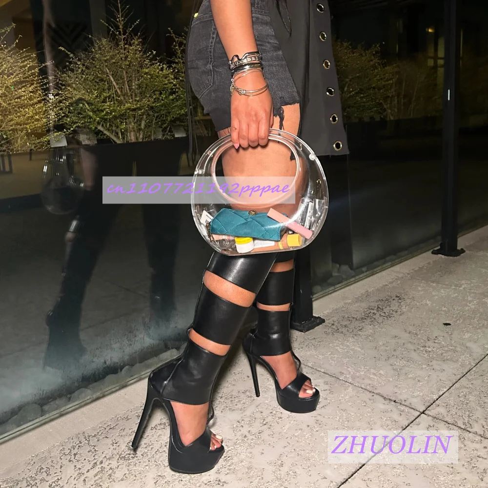 

Summer Black Open-Toe Gladiator Sandals Boots Women'S Stiletto Heels T-Strap Platform Shoes Luxury Party Back Zipper High Heels