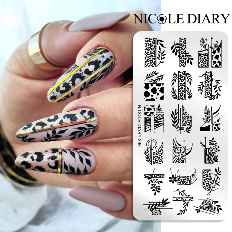 NICOLE DIARY Leopard Print Nail Stamping Plates Leaf Line Autumn Stainless Steel Manicure Stencil Nail Art Templates Stamp Tools