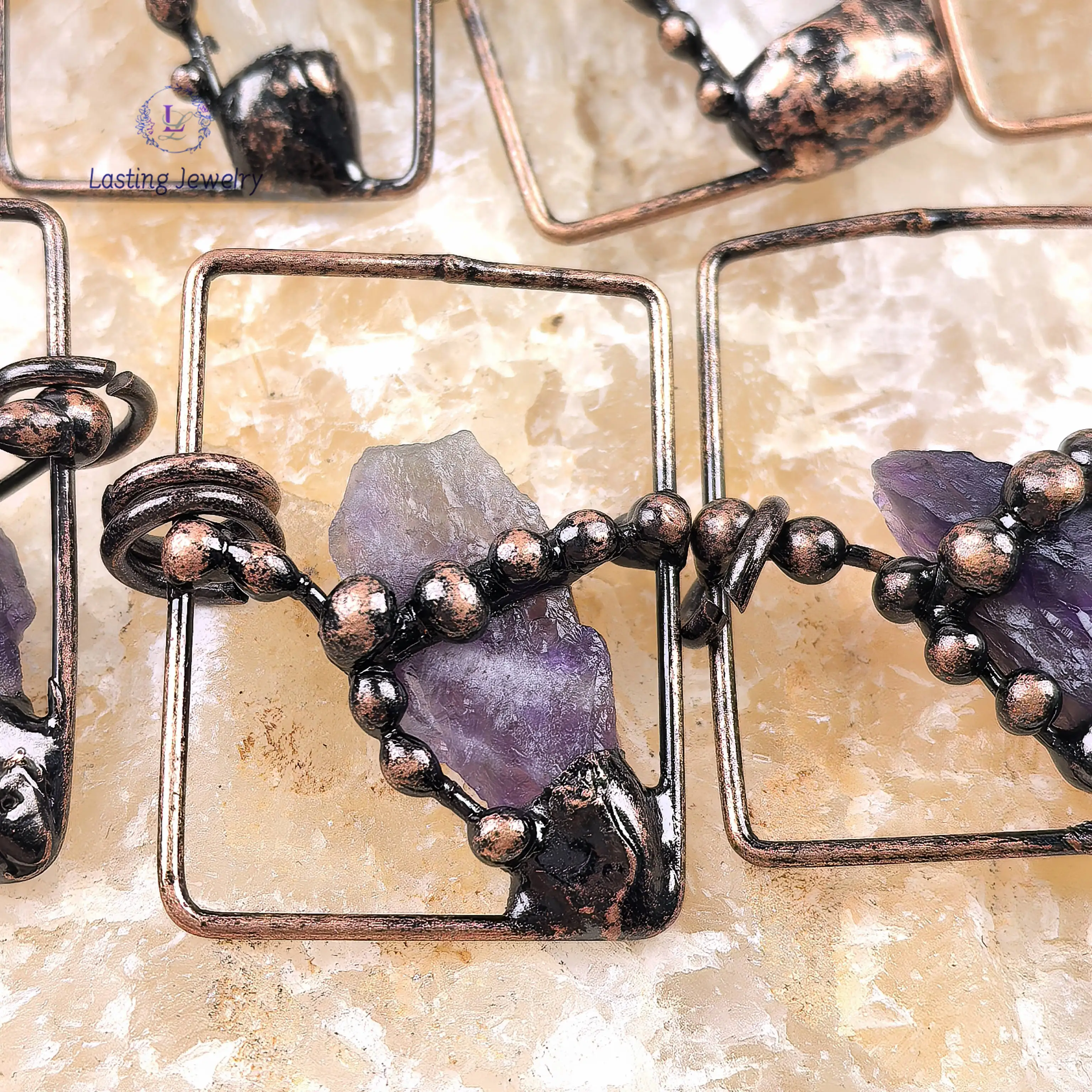 Soldered Bronze Rectangle Pendants,Raw Citrine Point Reiki Chakra Crystal Amethyst Antique Copper Charms Necklace DIY Jewelry
