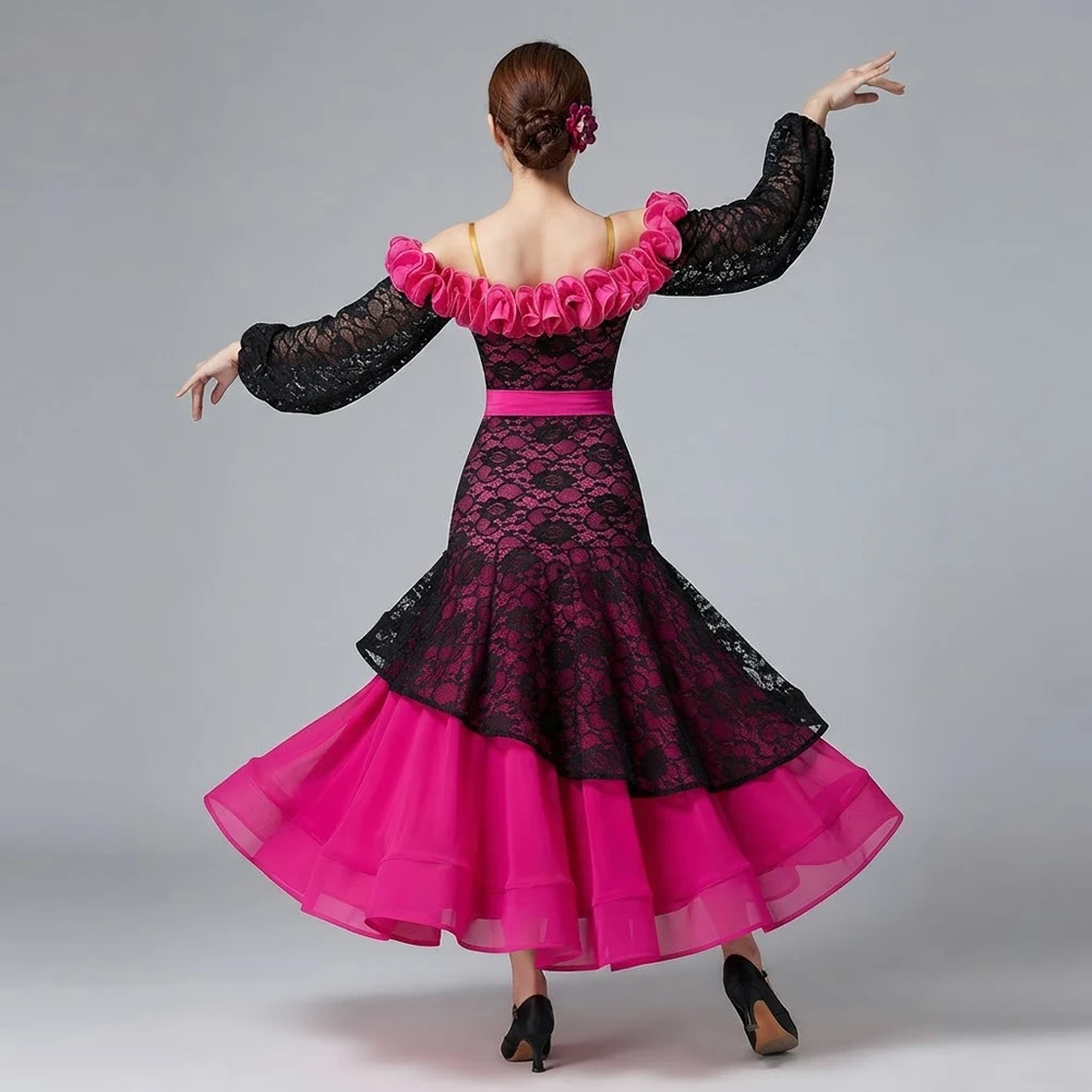 Women's Rose Red Ballroom Dance Contrast Lace Lantern Long Sleeve Waltz Off-The-Shoulder Modern Lantern Sleeve Daily Dance Dress
