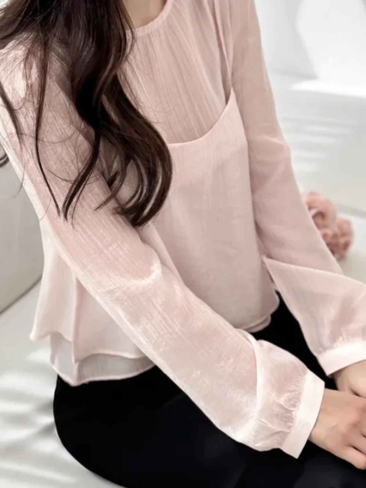 

Женская шифоновая майка Spring Sle, универсальная прозрачная майка, уникальный красивый комплект из двух предметов, корейская версия...