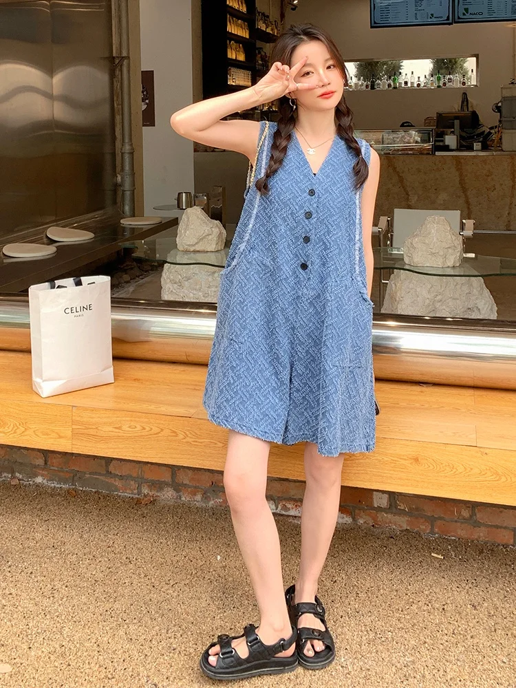 

Blue V-Ne-Piece Pants Women's Summer Loose Age-Defng Wide Leg orts High Waist Button-Up ort Pants Ensemble