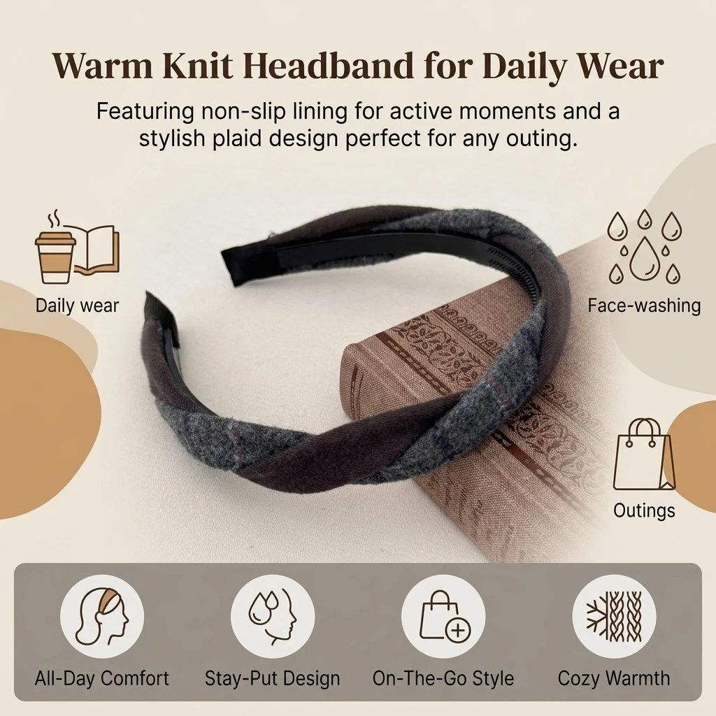 Women's Headband Winter Warm Plaid Hair Hoop Retro Cable Knit Wool Blend Wide Thick Hair Accessory for Daily Wear Stylish