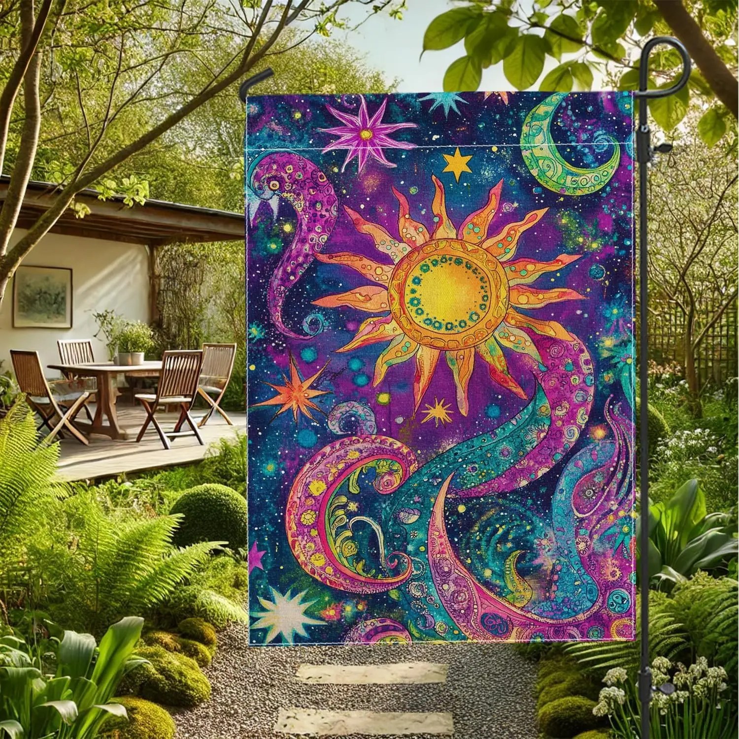 Celestial Sun and Moon Garden Flag, Vibrant Cosmic Colors Outdoor Decor Banner, Double Sided Yard Flag for Home Decoration a WWL