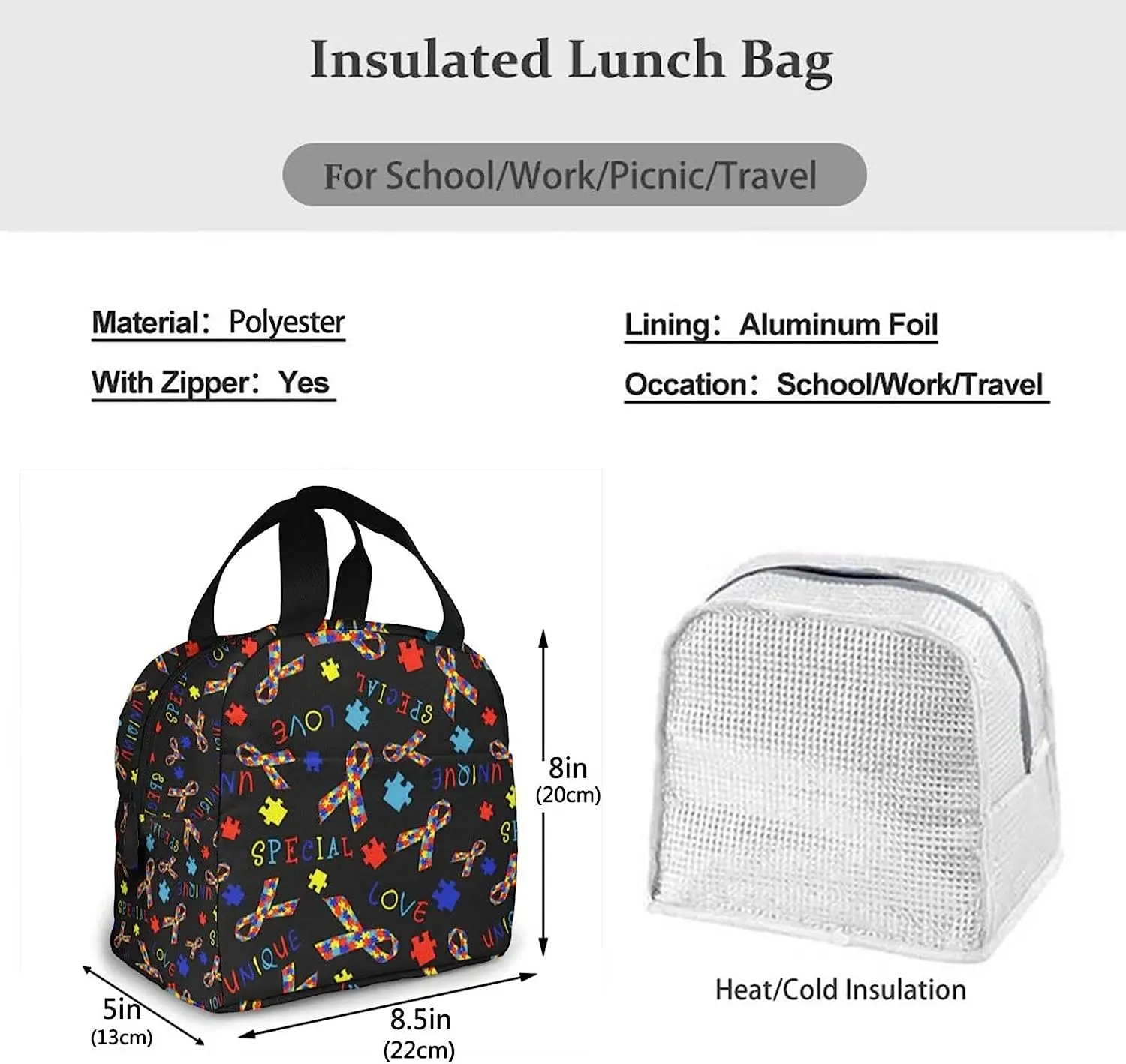 Special Love Black Lunch Bag for Women Insulated Lunch Box Reusable Thermal Cooler Bento Tote Bag for Picnic School Work