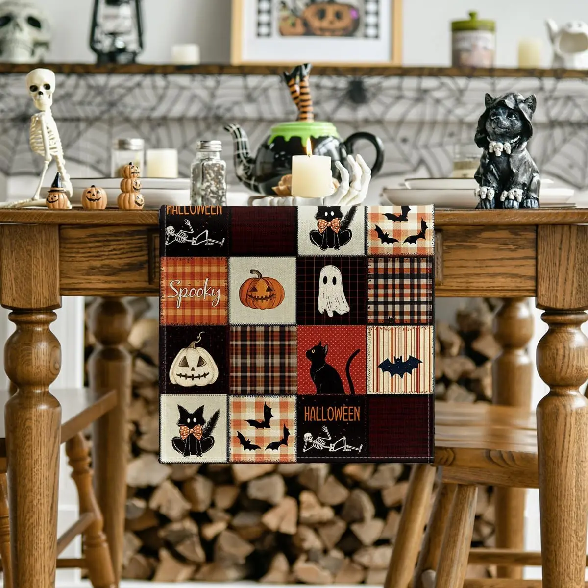 Halloween Black Cats Bat Pumpkins Spooky Linen Table Runner for Table Decor Washable Halloween Ghost Buffalo Plaid Table Runners