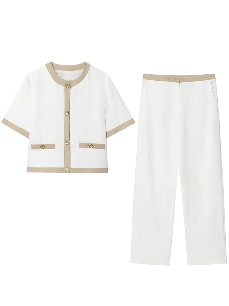 

TFMLN новые женские прямые брюки, комплекты из 2 предметов, элегантные топы с короткими рукавами, облегающие брюки, женская одежда для поездок на работу, мода