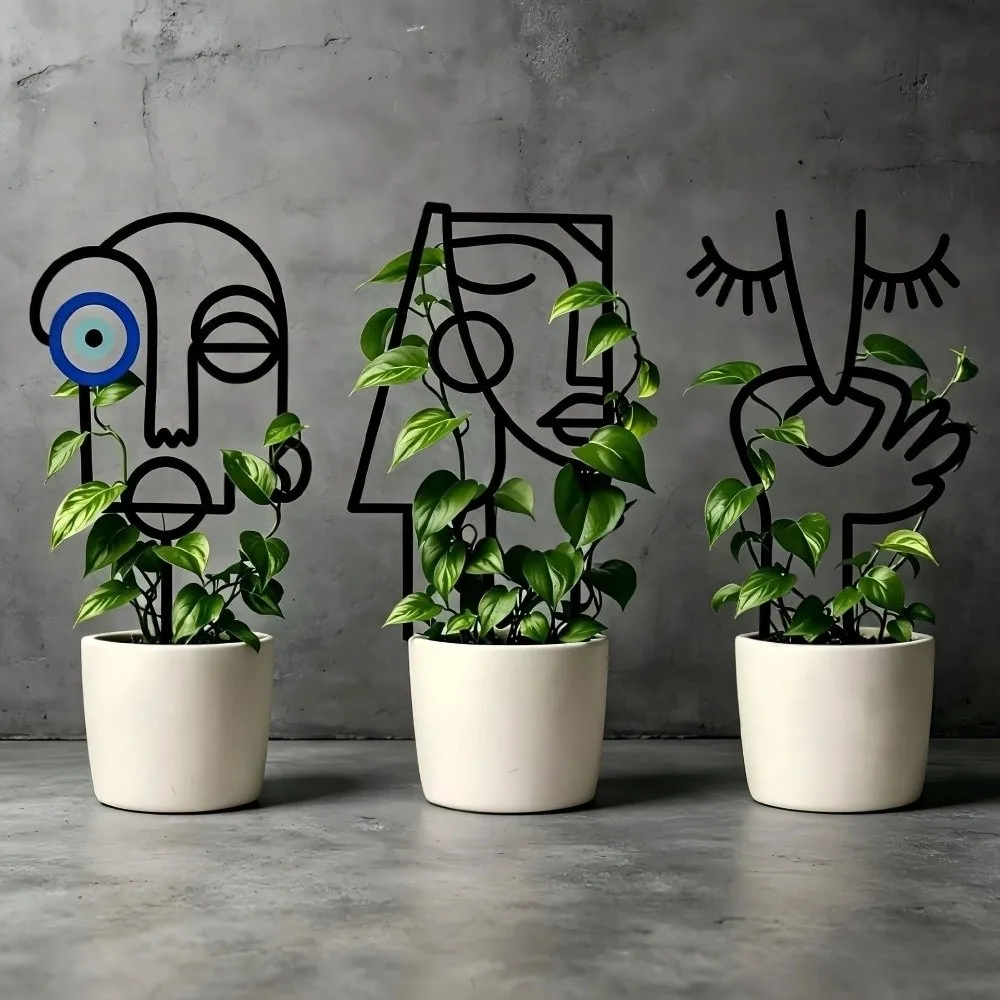 Abstract Line Plant Climbing Trellis Geometric Face Human Face Shaped Flower Pot Bracket Rustproof Iron Art