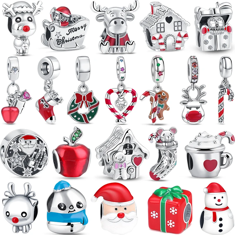 

New Hot Sale 925 Sterling Silver Chrismas Series Charms Elk Gingerbread Man's House Cane Beads Fit Pandora 925 Original Bracelet