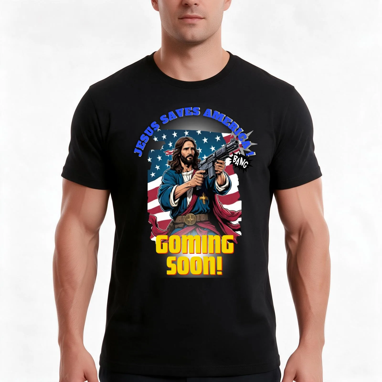 Jesus Saves America Coming Sun funny rifle tee T-Shirt Summer Casual Cotton Tee Unisex Men Women