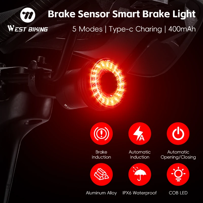 

WEST BIKING Bicycle Rear Light Intelligent Brake Sensing Taillights High Visibility Type-C Rechargeable Bike LED Rear Light