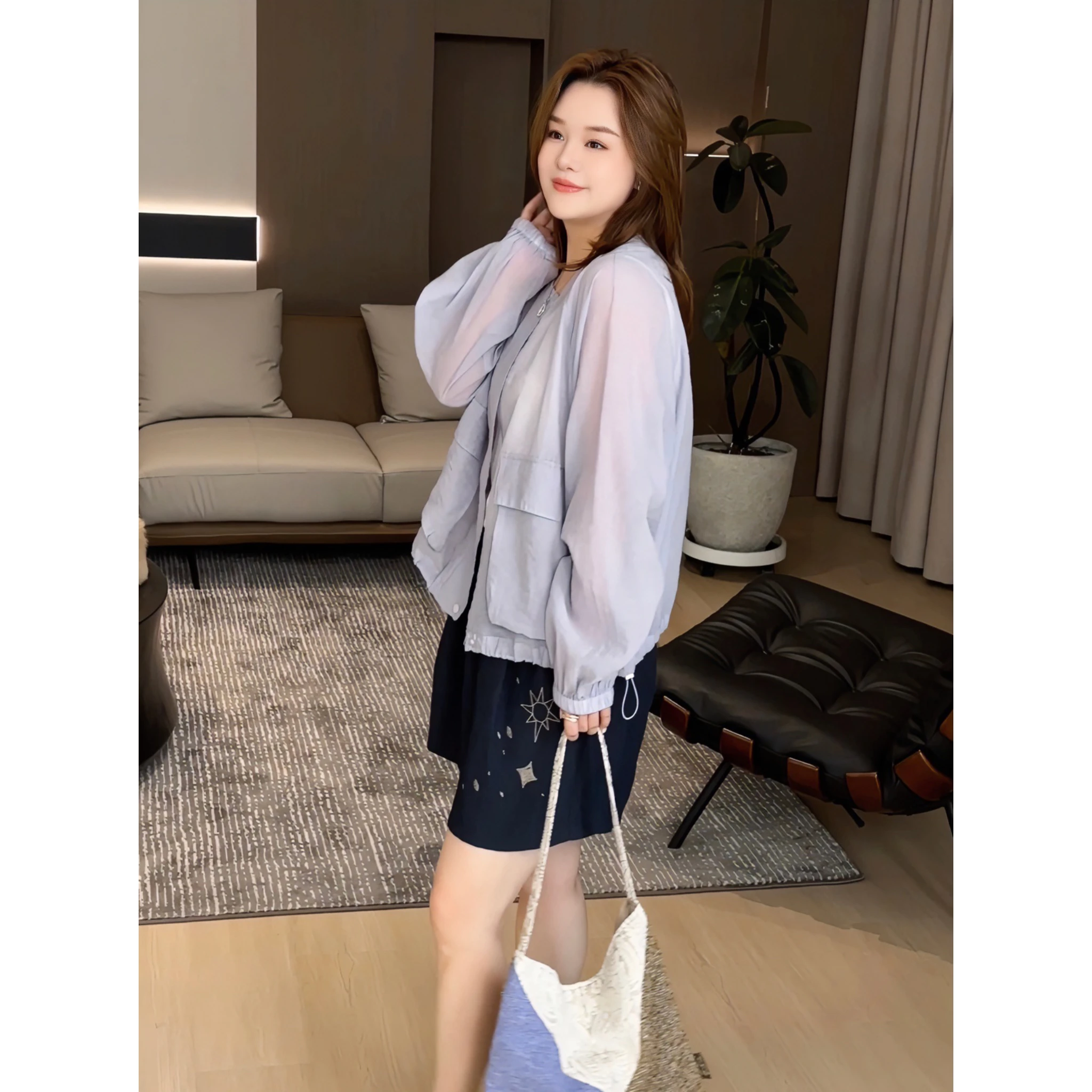 

High-End Fashion Casual Zipper Loose Long Sleeve plus Size Sun Protection Jacket Pure Color Versatile for Plump Women