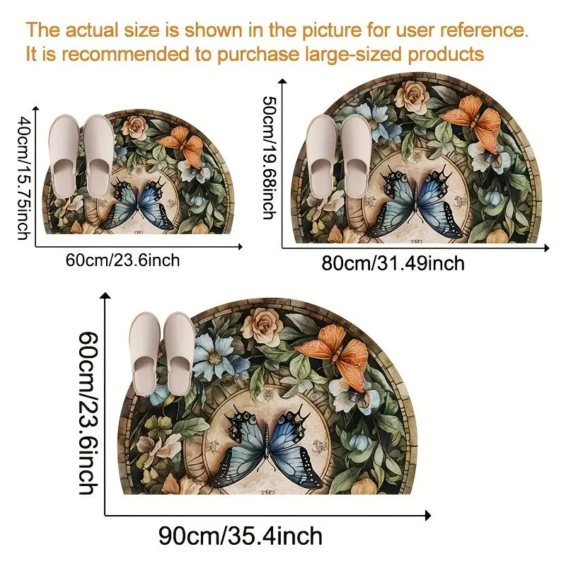 VIKAMA Half‑Circle Floral Butterfly Doormat Retro Art Design Non‑Slip Rug For Front Porch Balcony Entryway Home Decor