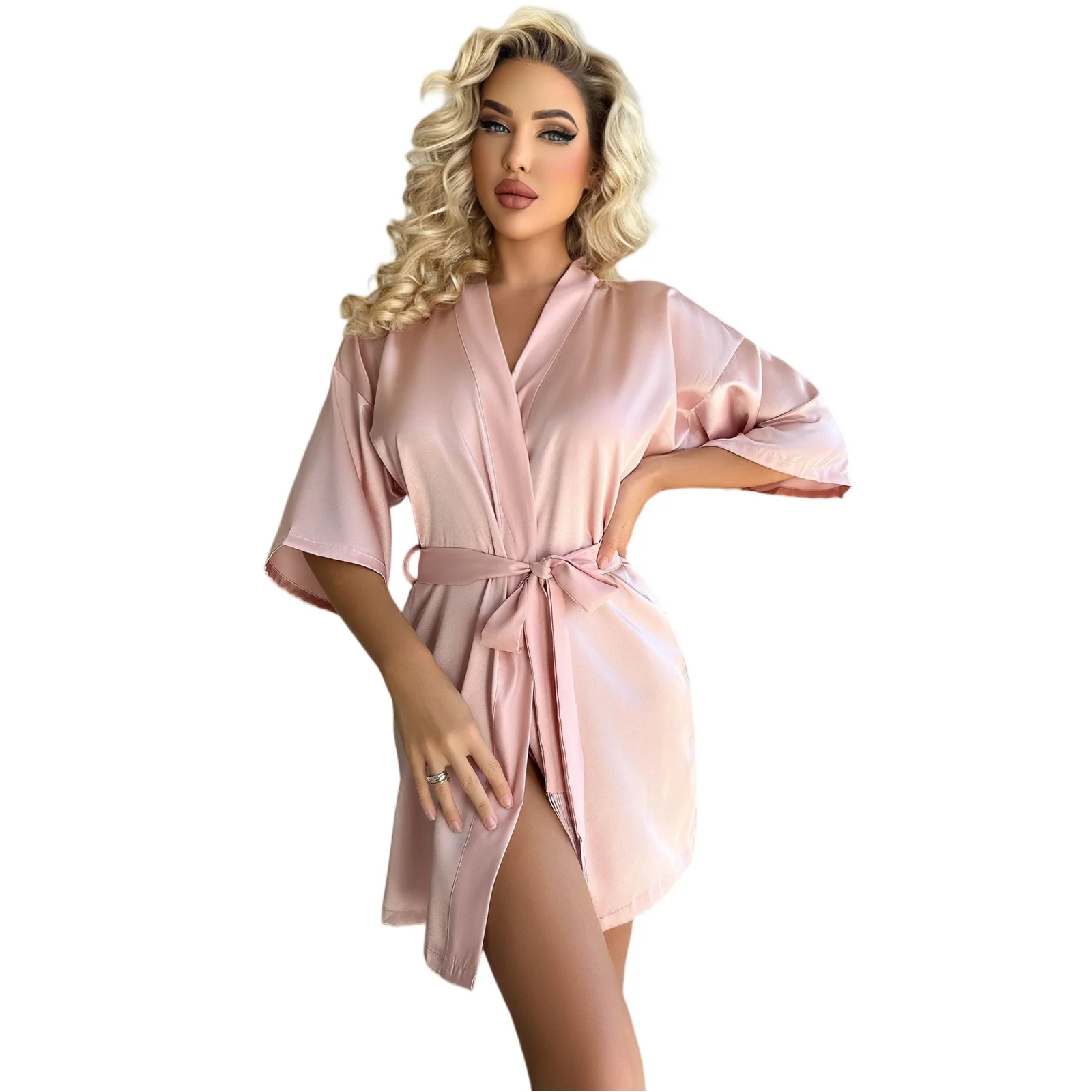 Ladies' Basic Lightweight Pure Color Mid Sleeved Tassel Bathrobe Fashion Soft and Comfortable Skin-friendly Lingerie Homewear