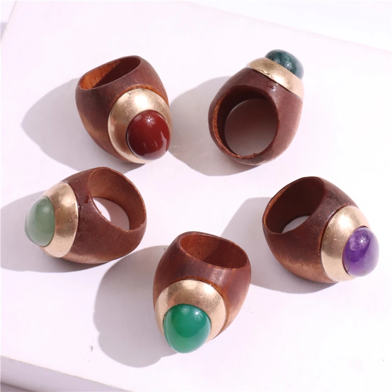 HUANZHI Natural Stone Wood Oval Metal Large Rings for Women Exaggerated Chunky Big Vintage Geometric New Jewelry