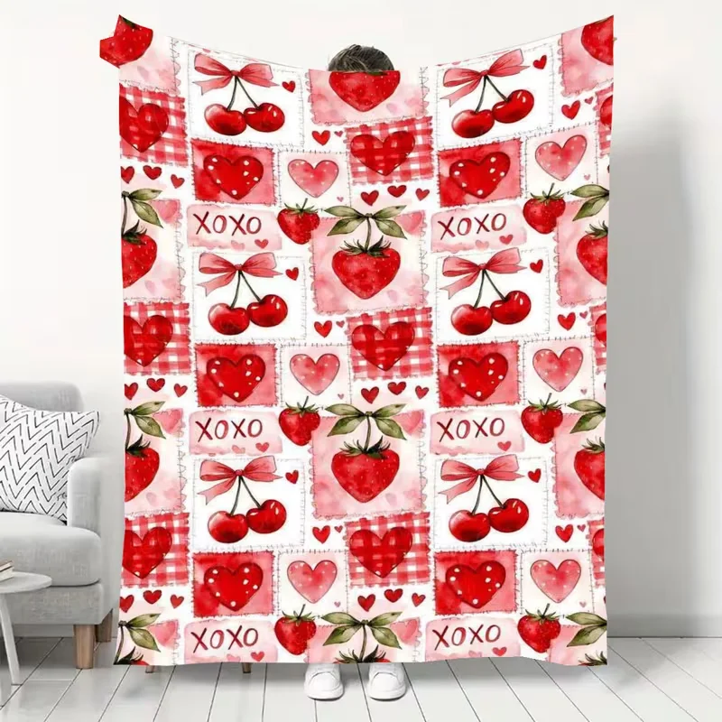Watercolor Patchwork Strawberry Cherry Heart Blanket Sweet Red Fruit Love Print Soft Warm Blanket For Bedroom Dorm Nap
