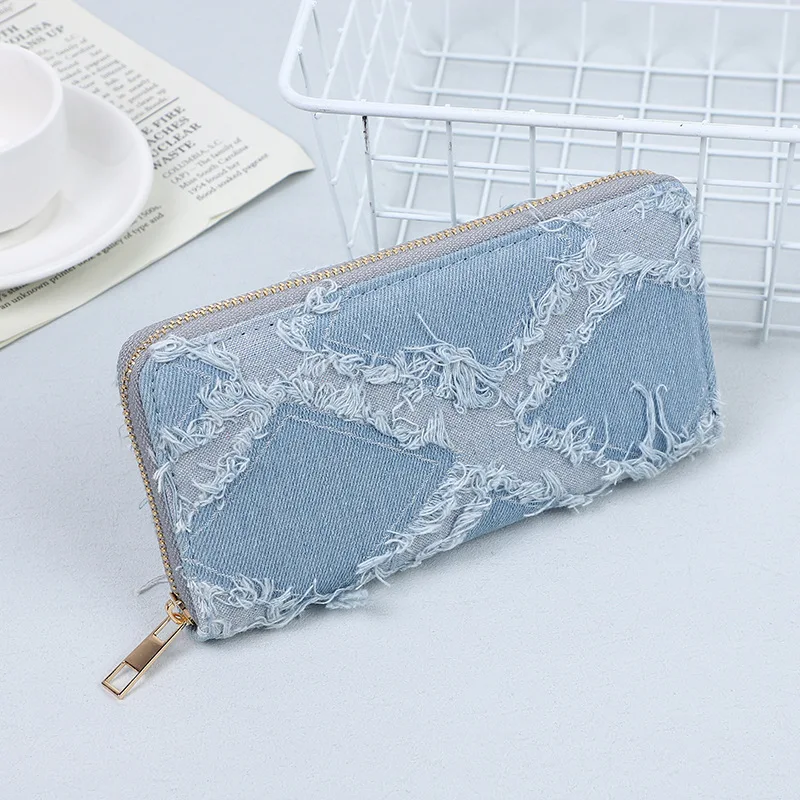 New Retro Patchwork Denim Wallet with A Single Handle Women\'s Long Wallet Card Holder for Women Girls Korean Style Wallet