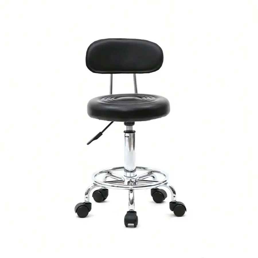 Black Round Adjustable Salon Stool – With Backrest & Lines Design – 360° Swivel, Height Adjustable – Ideal For Salon, Spa, Barbe