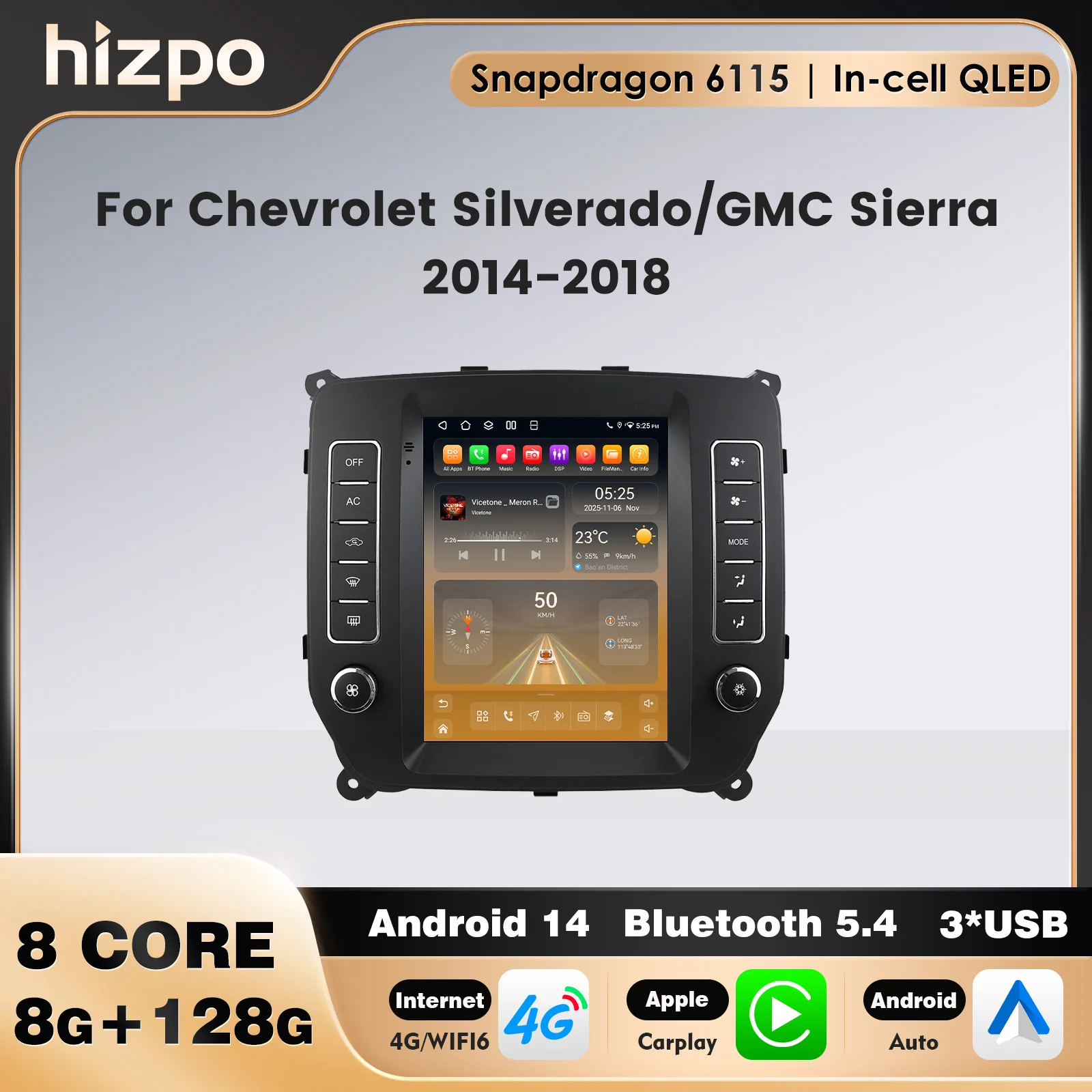 Radio para Auto con Android 14 y Carplay para Chevrolet Silverado / GMC Sierra 2014-2018, Android Auto, WIFI, 4G, Reproductor Multimedia para Auto, SWC, OBD