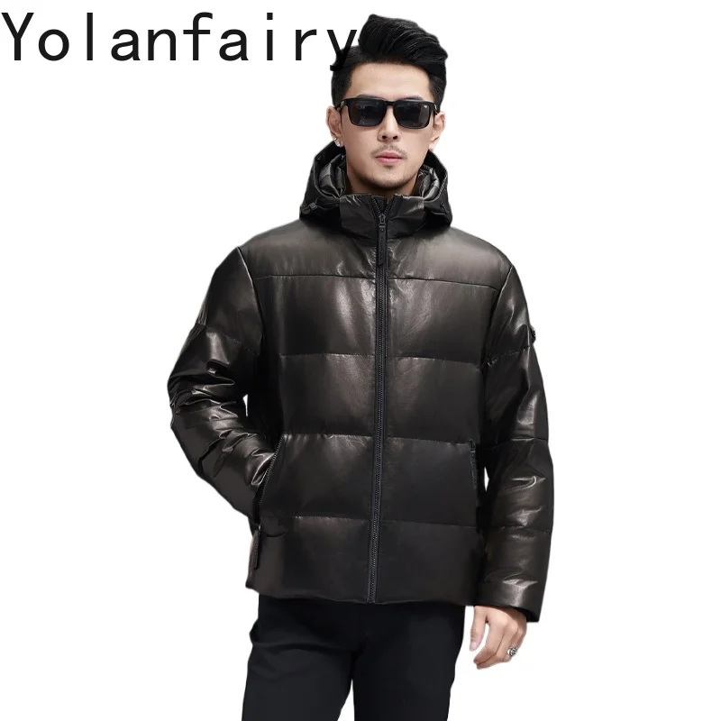 

YOLANFAIRY High-end Real Sheepskin Leather Down Coat Man Hooded Winter Warm Genuine Leather Jacket Men Casual Puffer Coats 2025