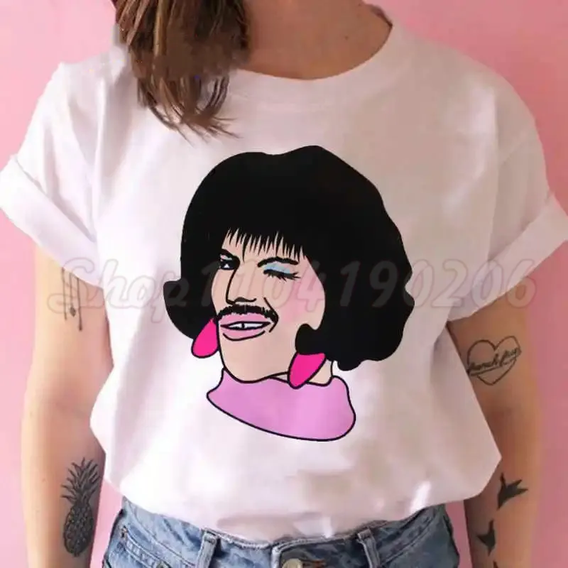 Streetwear T Shirt Y2K Hip Hop Punk Freddie Mercury Graphic Print Oversized TShirt Womens Round Neck Queen Band Short Sleeve