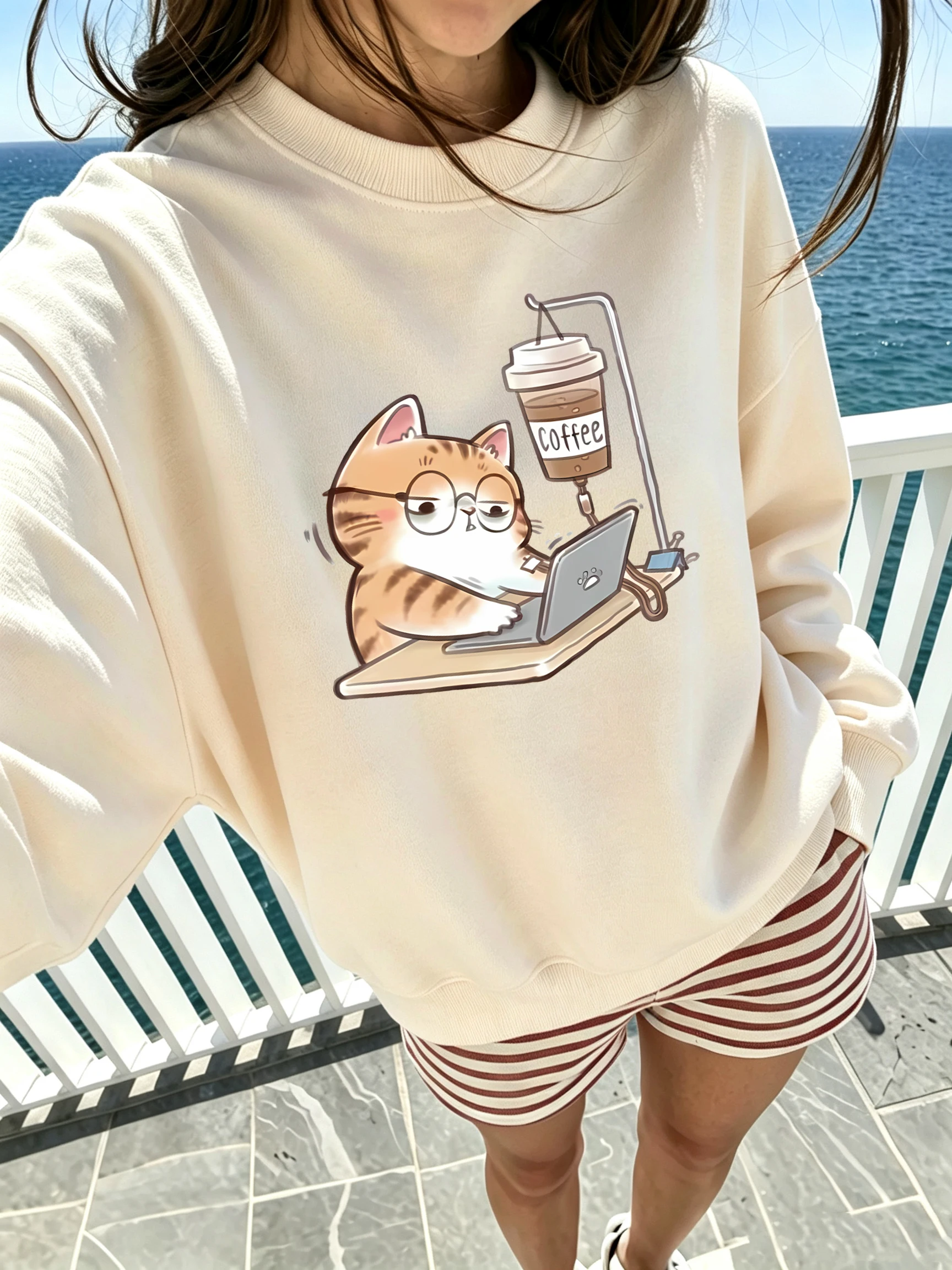 Work Cats That Cannot Do Without Coffee Pattern Women'S Street Basic Sweatshirts Sport Breathable Tops Warm Creative Sportswear