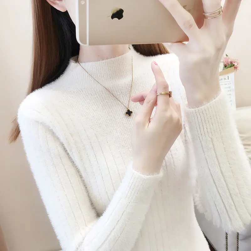 Half high collar mink pullover sweater base coat women autumn and winter 2023 pullover solid westernized soft waxy sweater top