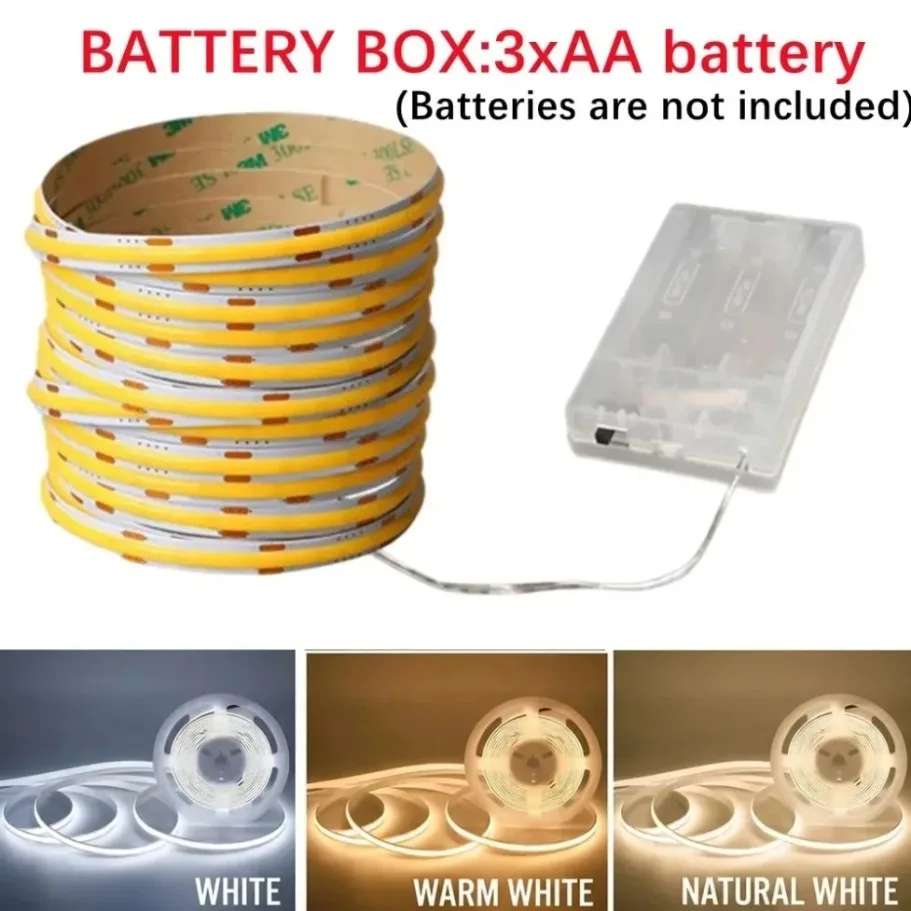 3AA Battery Powered DC5V COB LED Strip 8mm PCB 320LEDs/m Warm/Natural/Cool White Flexible Tape for Cabinet TV Bedroom Backlight
