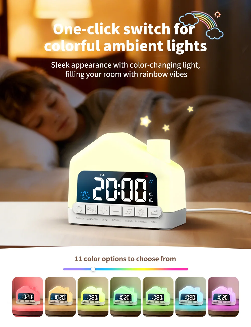 1pc fun house digital alarm clock, changes between 11 colors, one-touch lock operation, has a snooze function, two alarm setting
