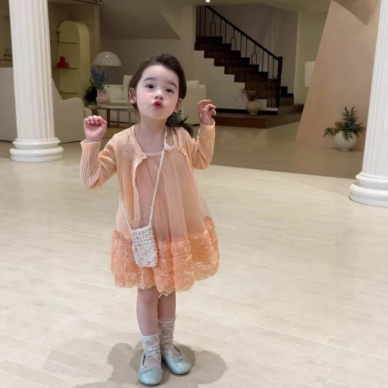 

2026 Summer New Children's Mesh Wave Dot Splicing Rose Blossoms Skirt Princess Skirt and Small Cardigan Set